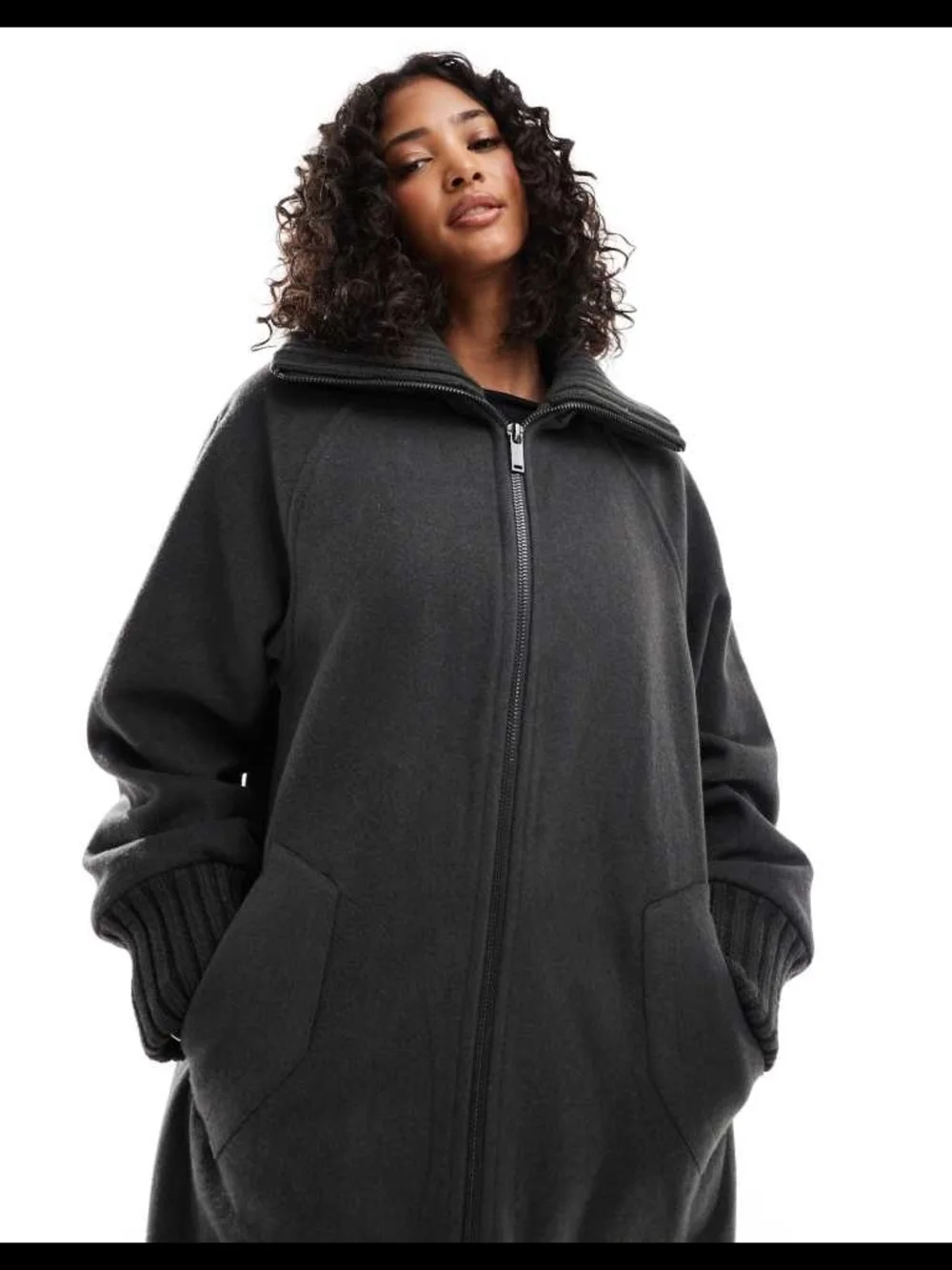 ASOS DESIGN knit collar longline coat in charcoal MEDIUM